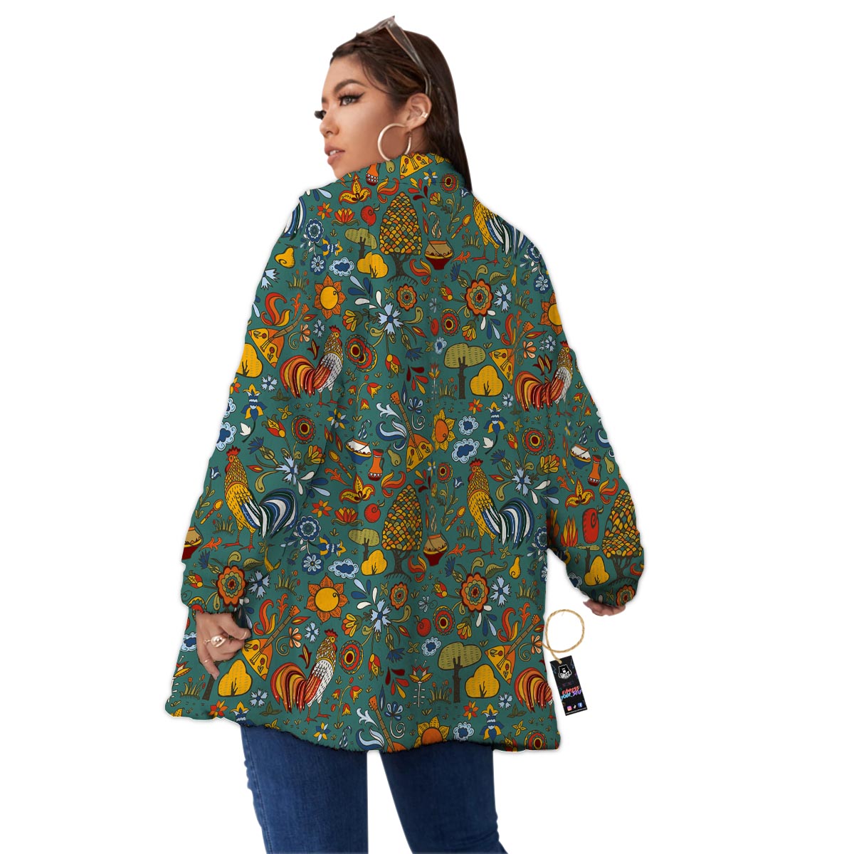 Flower And Rooster Print Pattern Women's Sherpa Jacket-grizzshop