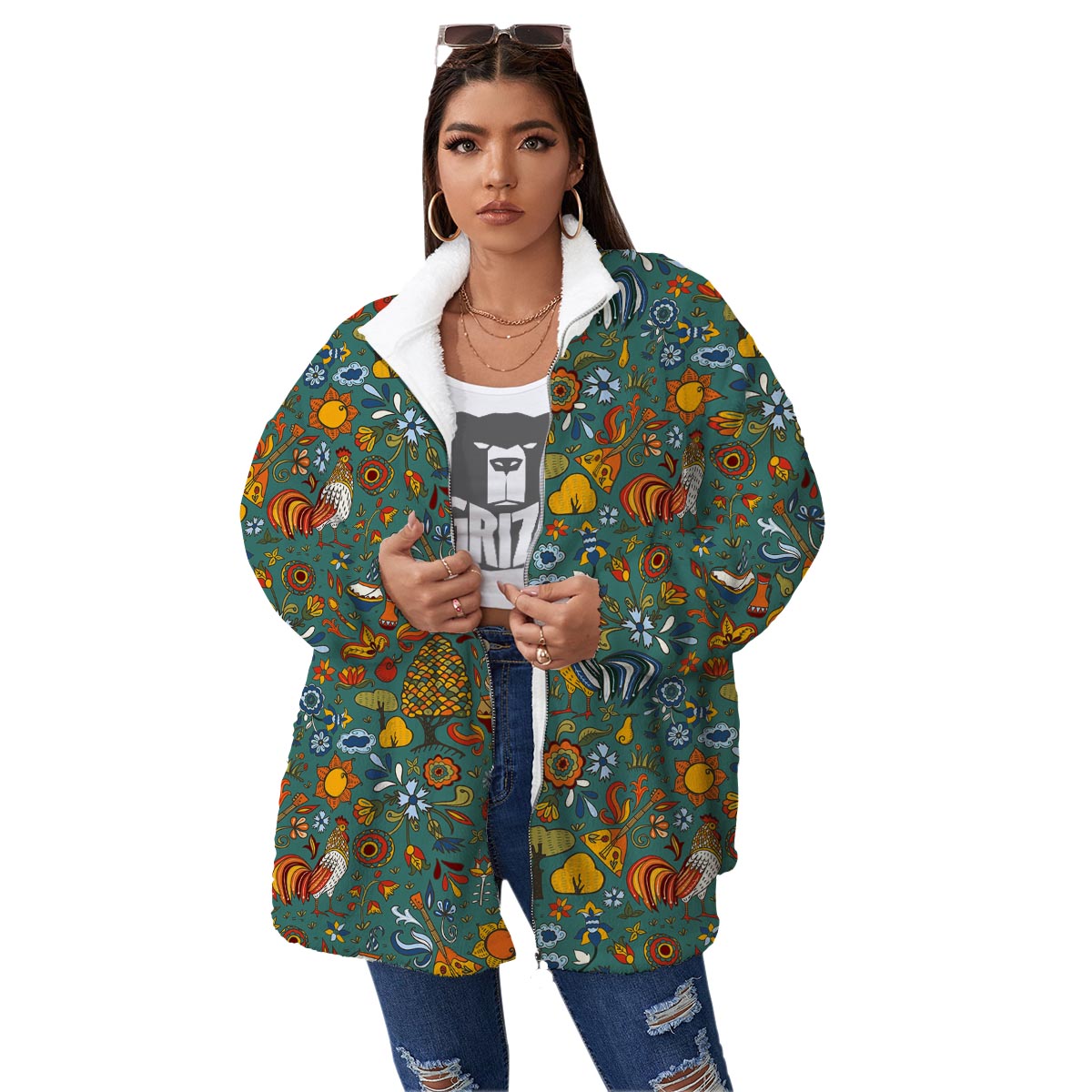 Flower And Rooster Print Pattern Women's Sherpa Jacket-grizzshop
