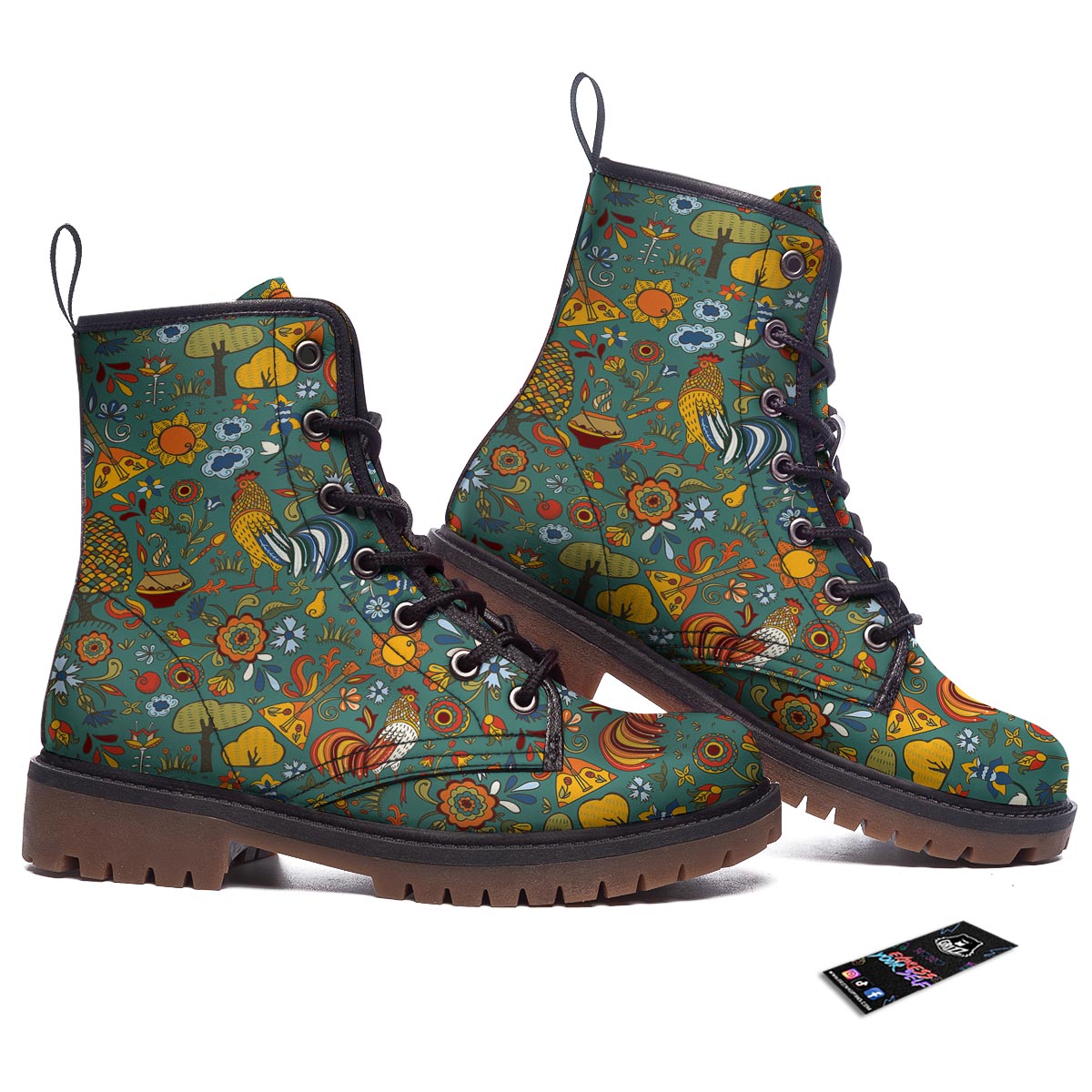 Flower And Rooster Print Pattern Work Boots-grizzshop