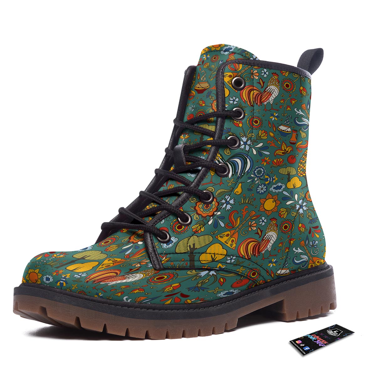 Flower And Rooster Print Pattern Work Boots-grizzshop