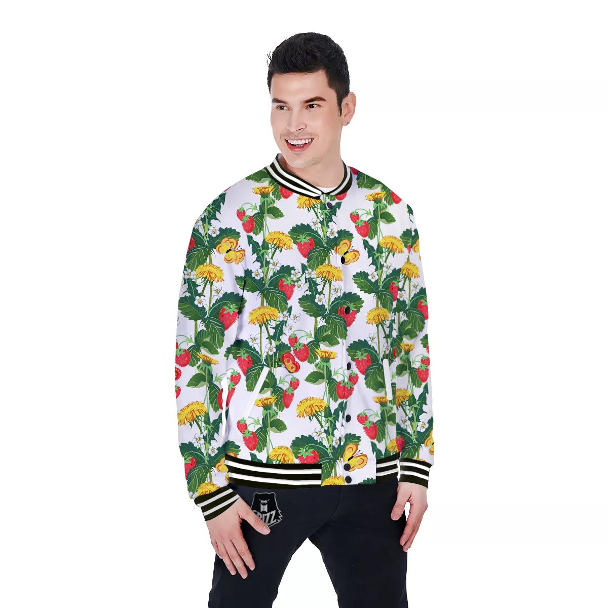 Flower And Strawberry Print Pattern Baseball Jacket-grizzshop