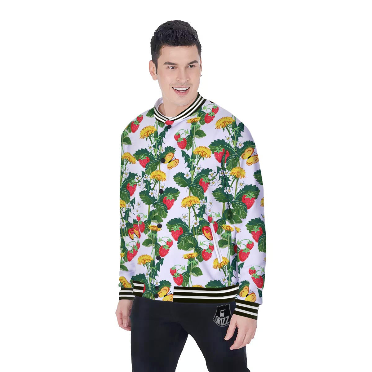 Flower And Strawberry Print Pattern Baseball Jacket-grizzshop