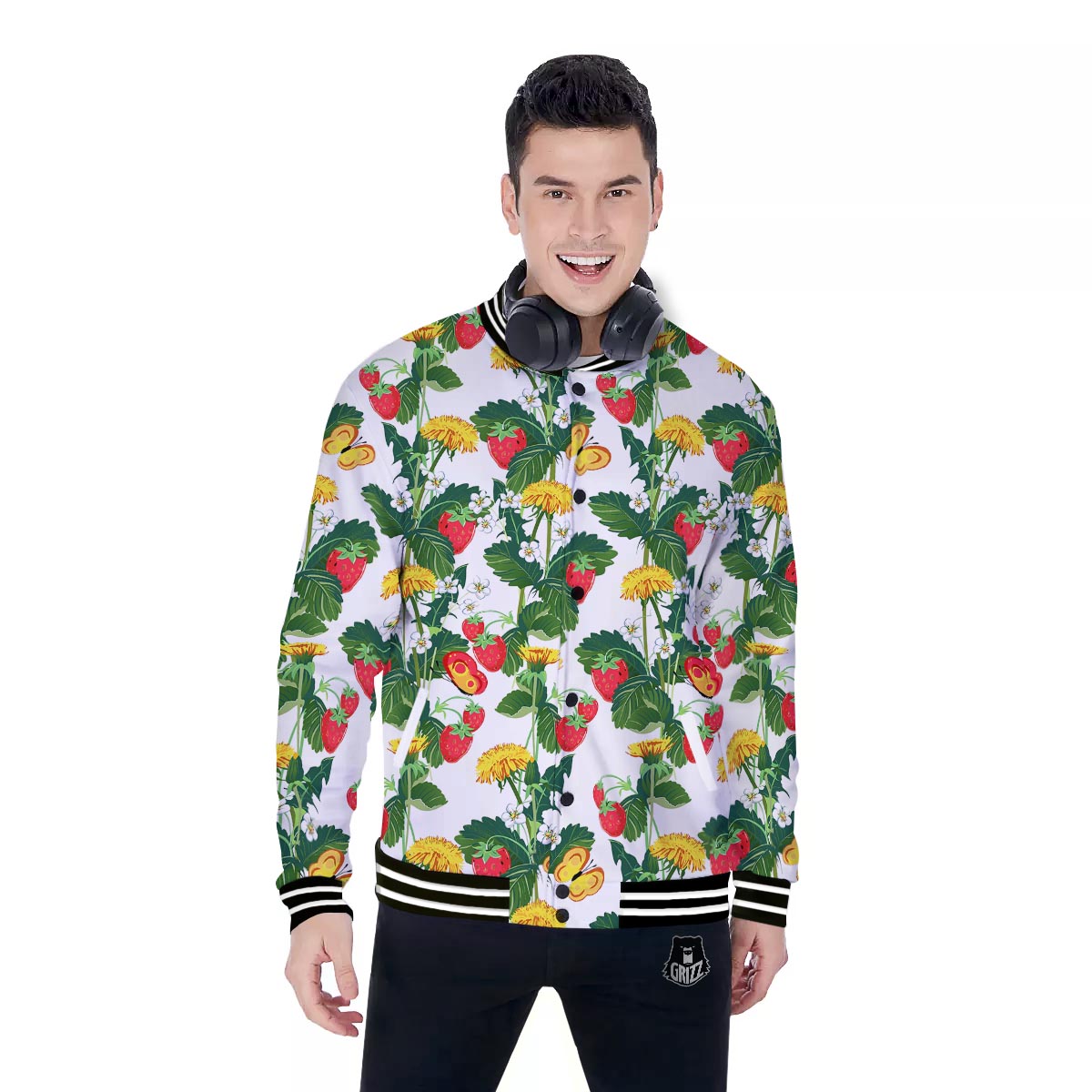 Flower And Strawberry Print Pattern Baseball Jacket-grizzshop