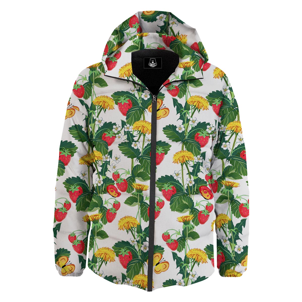 Flower And Strawberry Print Pattern Down Jacket-grizzshop