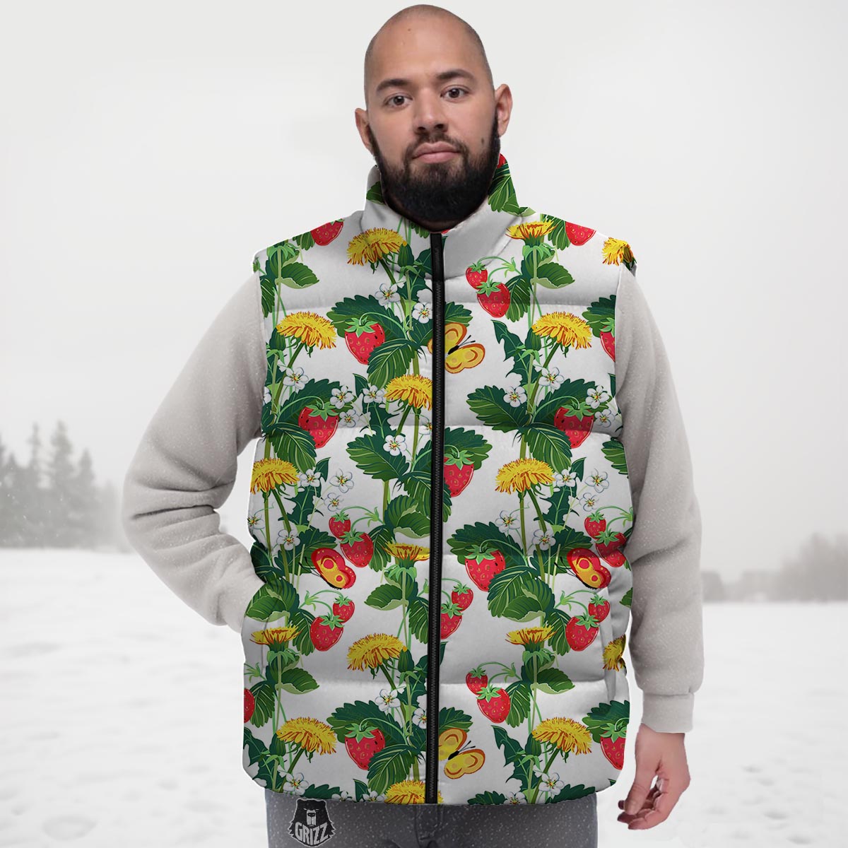 Flower And Strawberry Print Pattern Down Vest-grizzshop