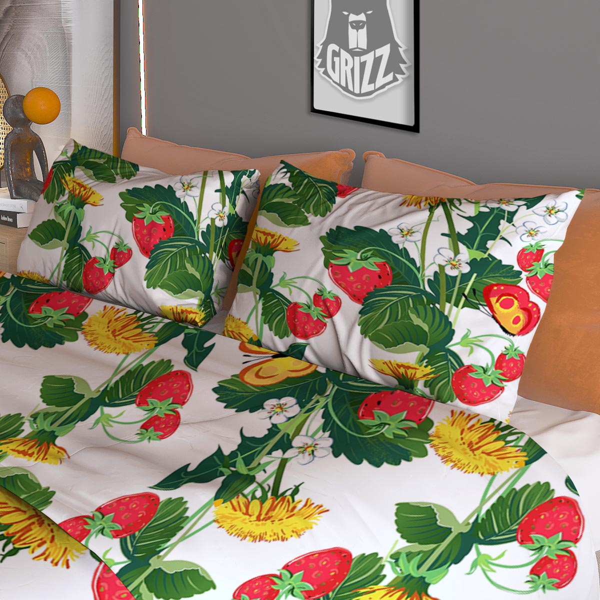 Flower And Strawberry Print Pattern Duvet Cover Bedding Set-grizzshop