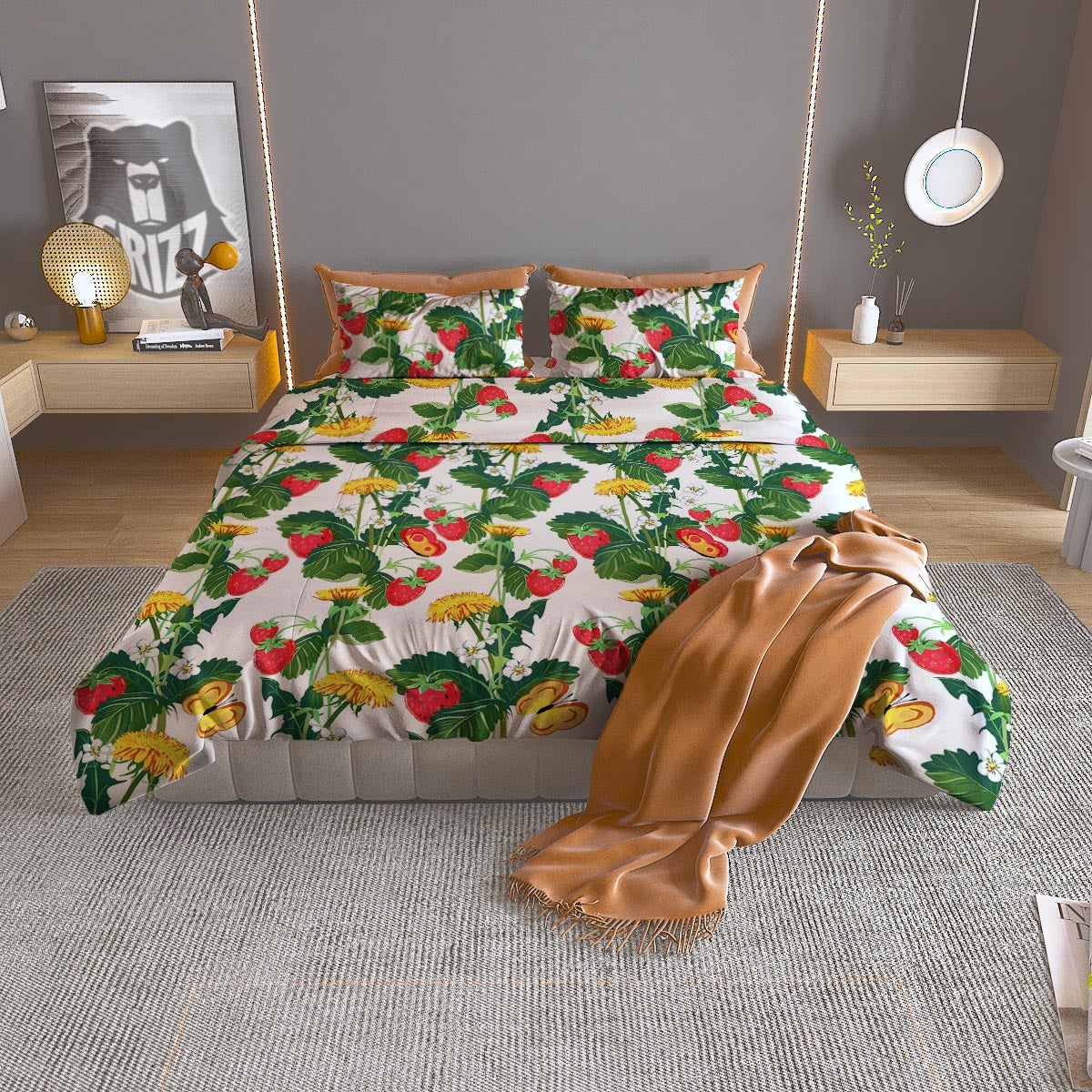 Flower And Strawberry Print Pattern Duvet Cover Bedding Set-grizzshop