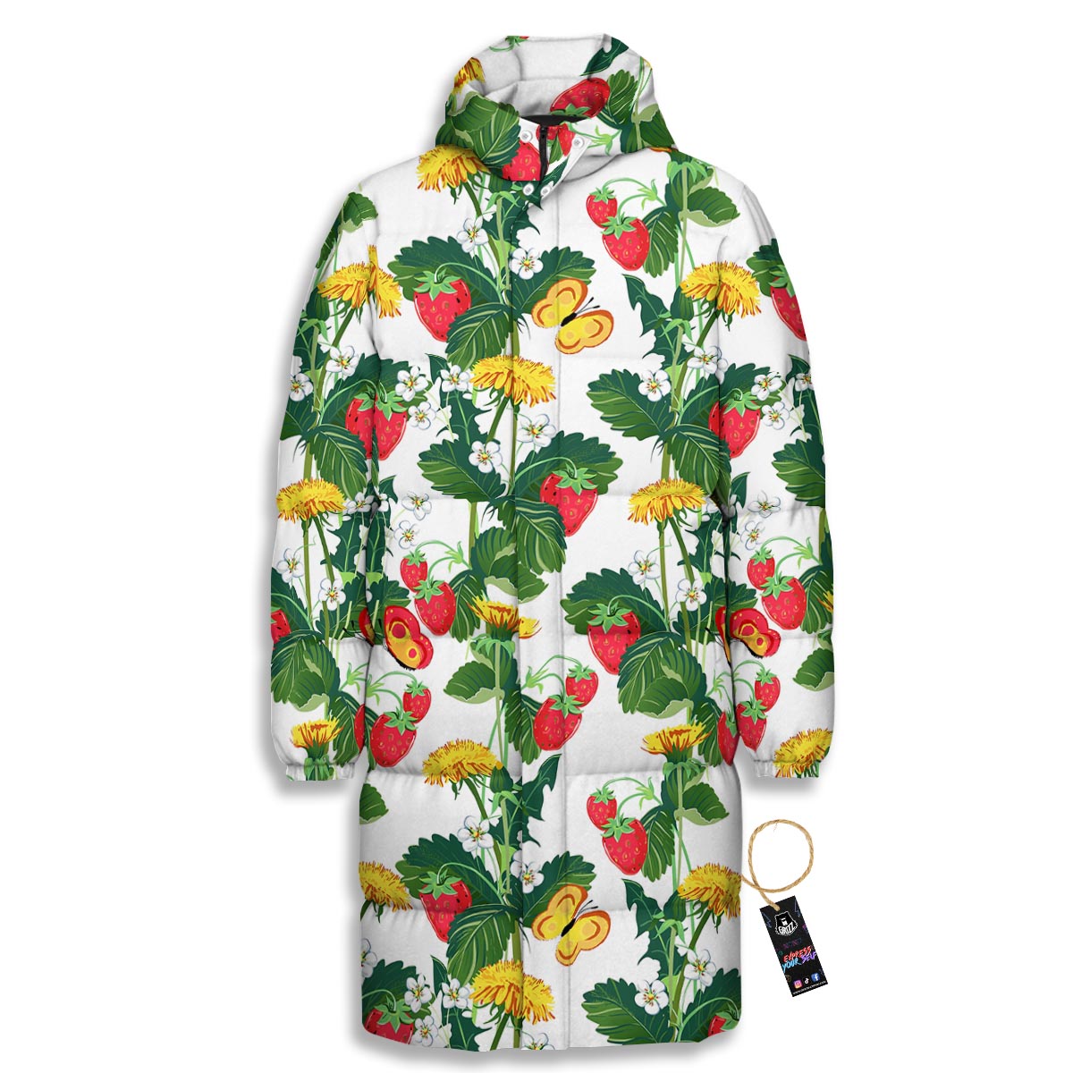 Flower And Strawberry Print Pattern Long Down Jacket-grizzshop