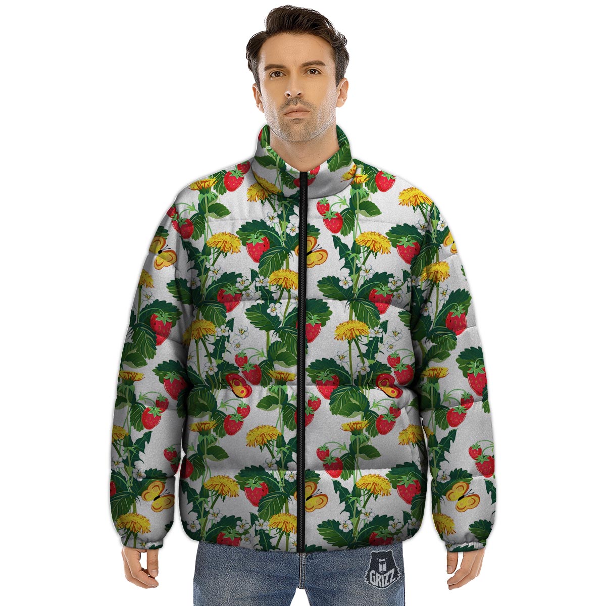 Flower And Strawberry Print Pattern Puffer Jacket-grizzshop