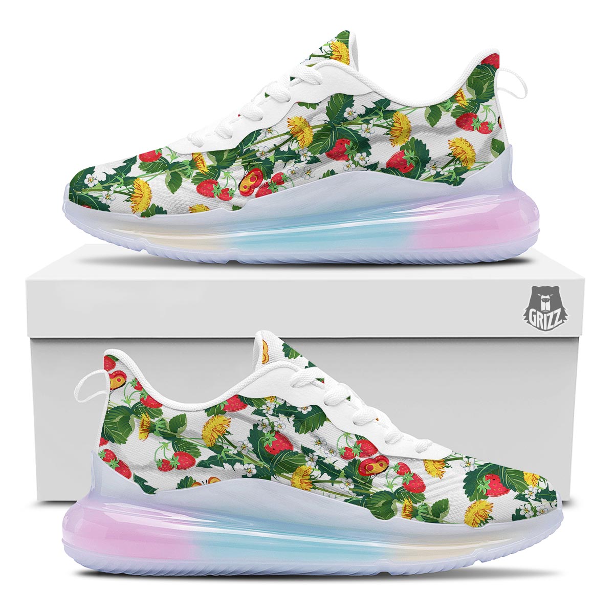 Flower And Strawberry Print Pattern Running Sneakers-grizzshop