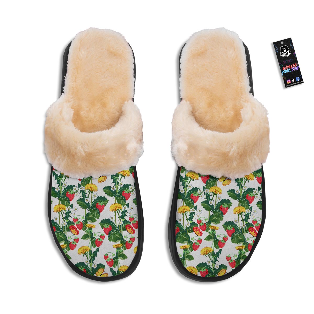 Flower And Strawberry Print Pattern Slippers-grizzshop