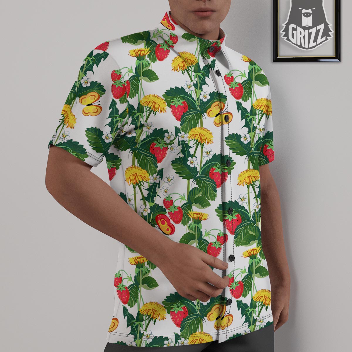 Flower And Strawberry Print Pattern Untucked Shirts-grizzshop