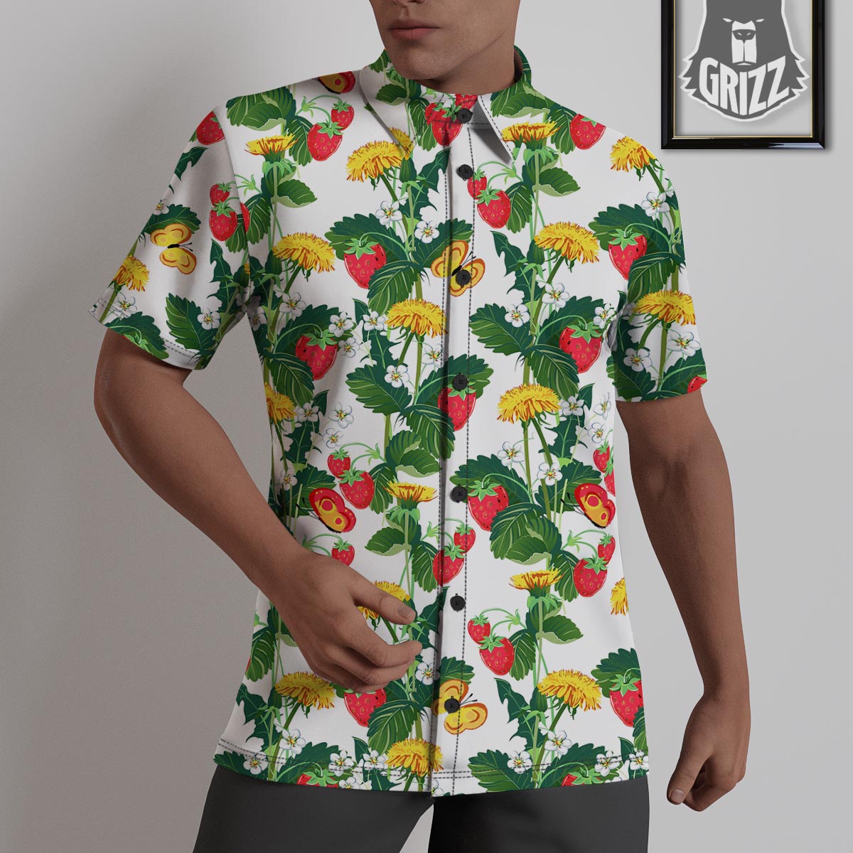 Flower And Strawberry Print Pattern Untucked Shirts-grizzshop