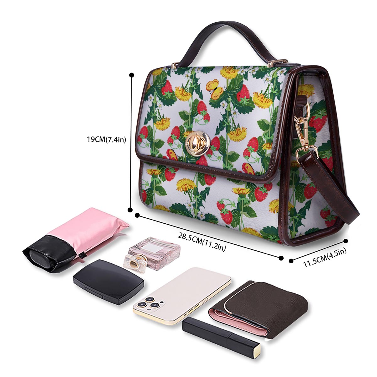 Flower And Strawberry Print Pattern Women's Satchel Bag-grizzshop