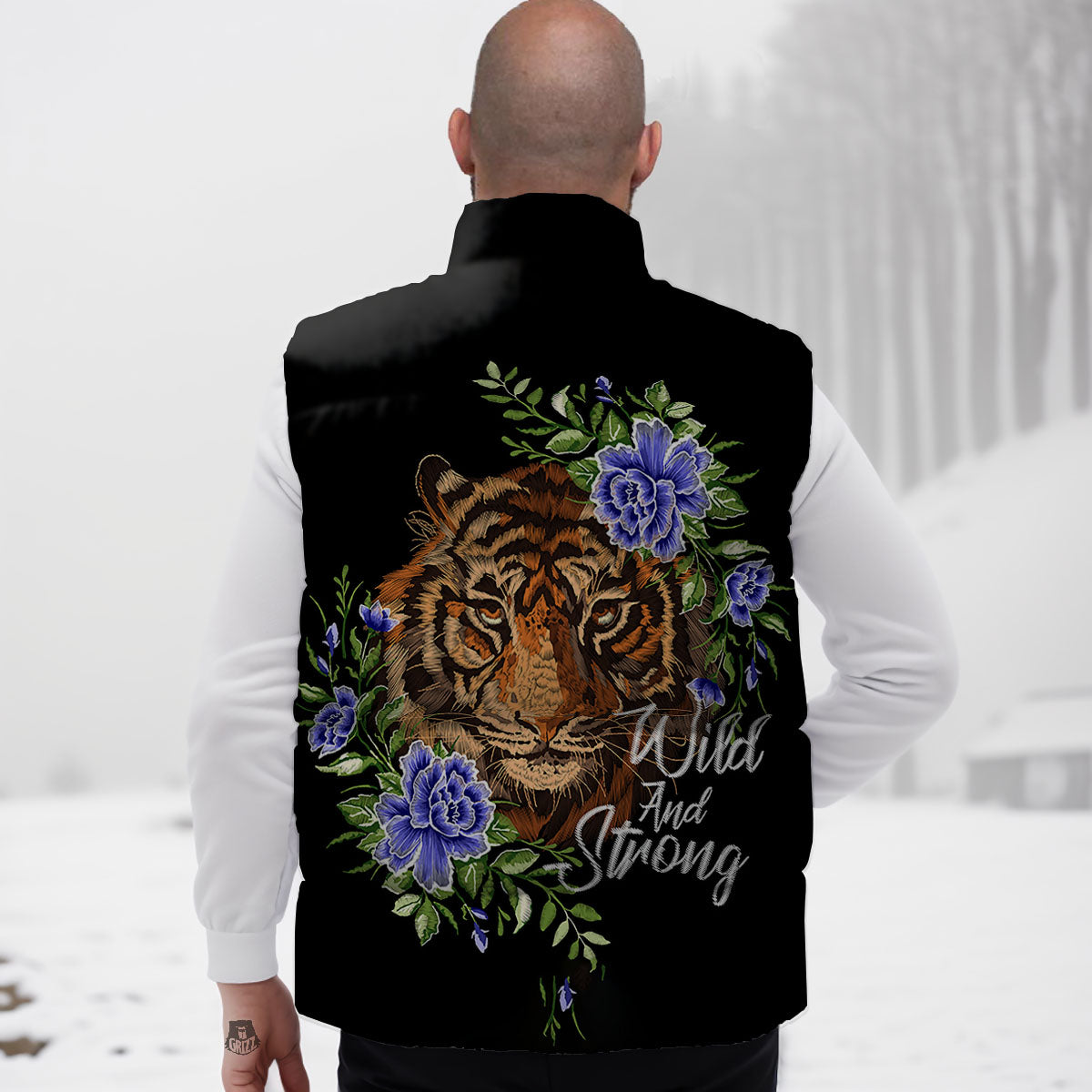 Flower And Tiger Embroidery Print Down Vest