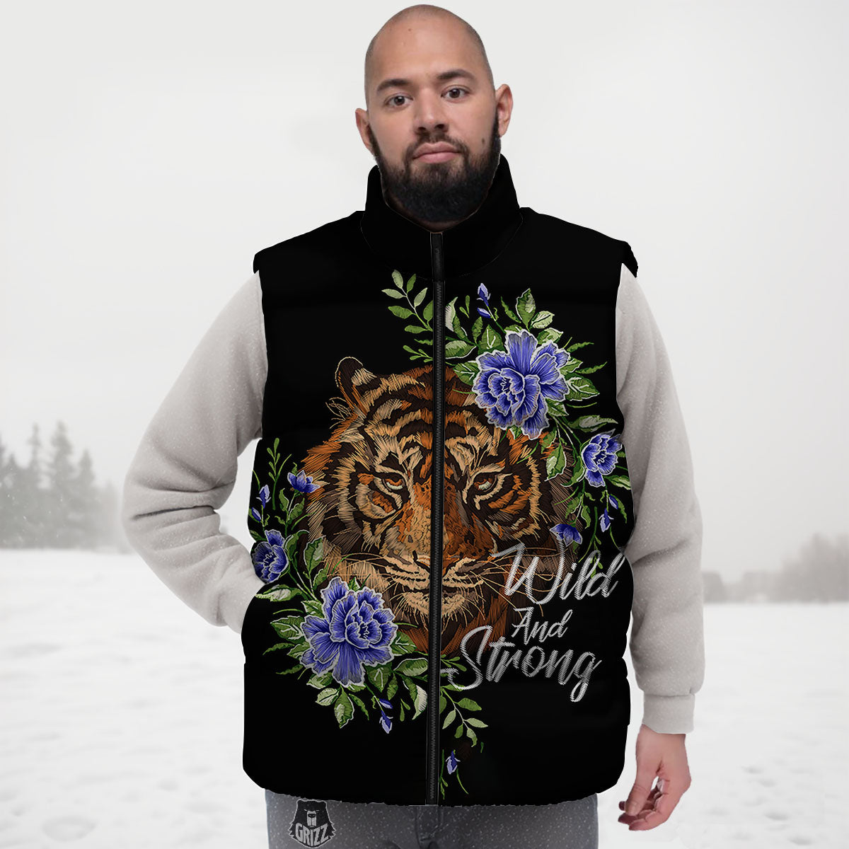Flower And Tiger Embroidery Print Down Vest
