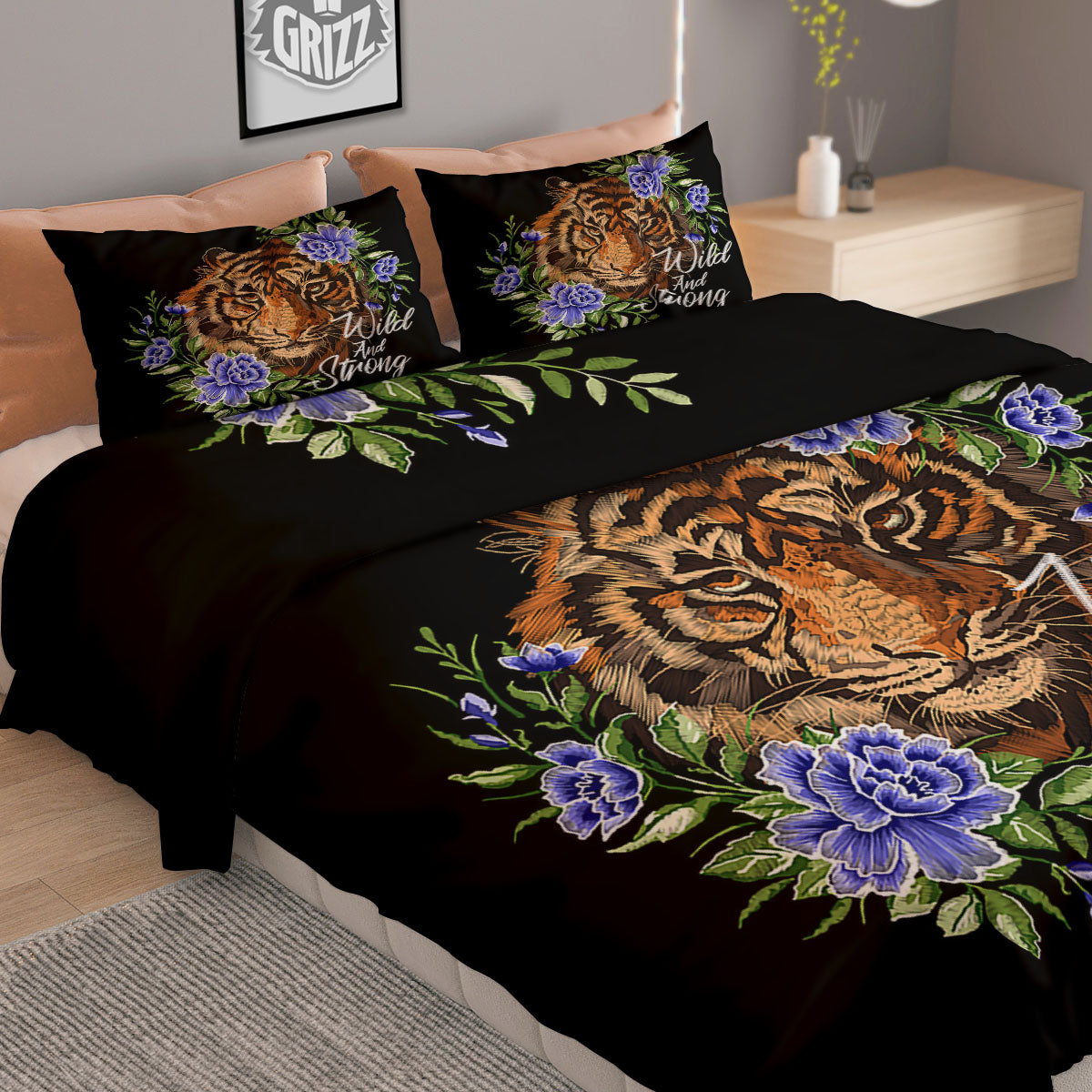 Flower And Tiger Embroidery Print Duvet Cover Bedding Set