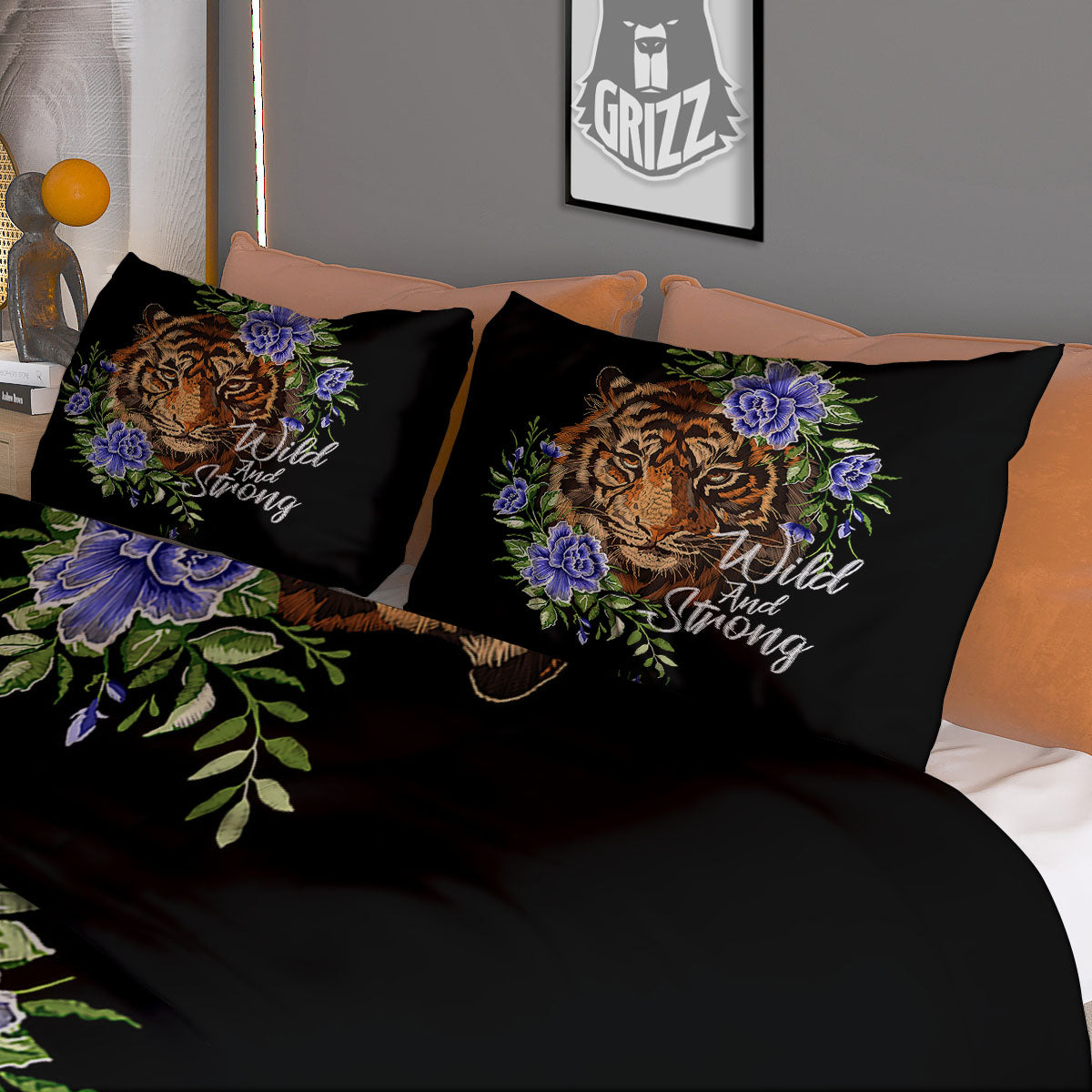 Flower And Tiger Embroidery Print Duvet Cover Bedding Set