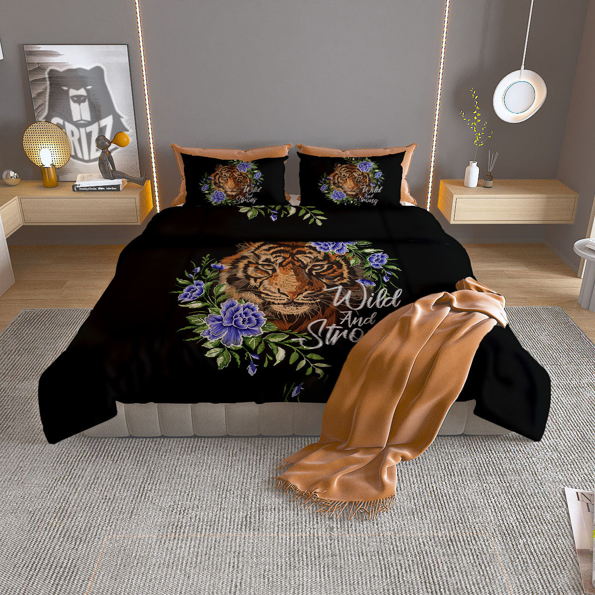 Flower And Tiger Embroidery Print Duvet Cover Bedding Set