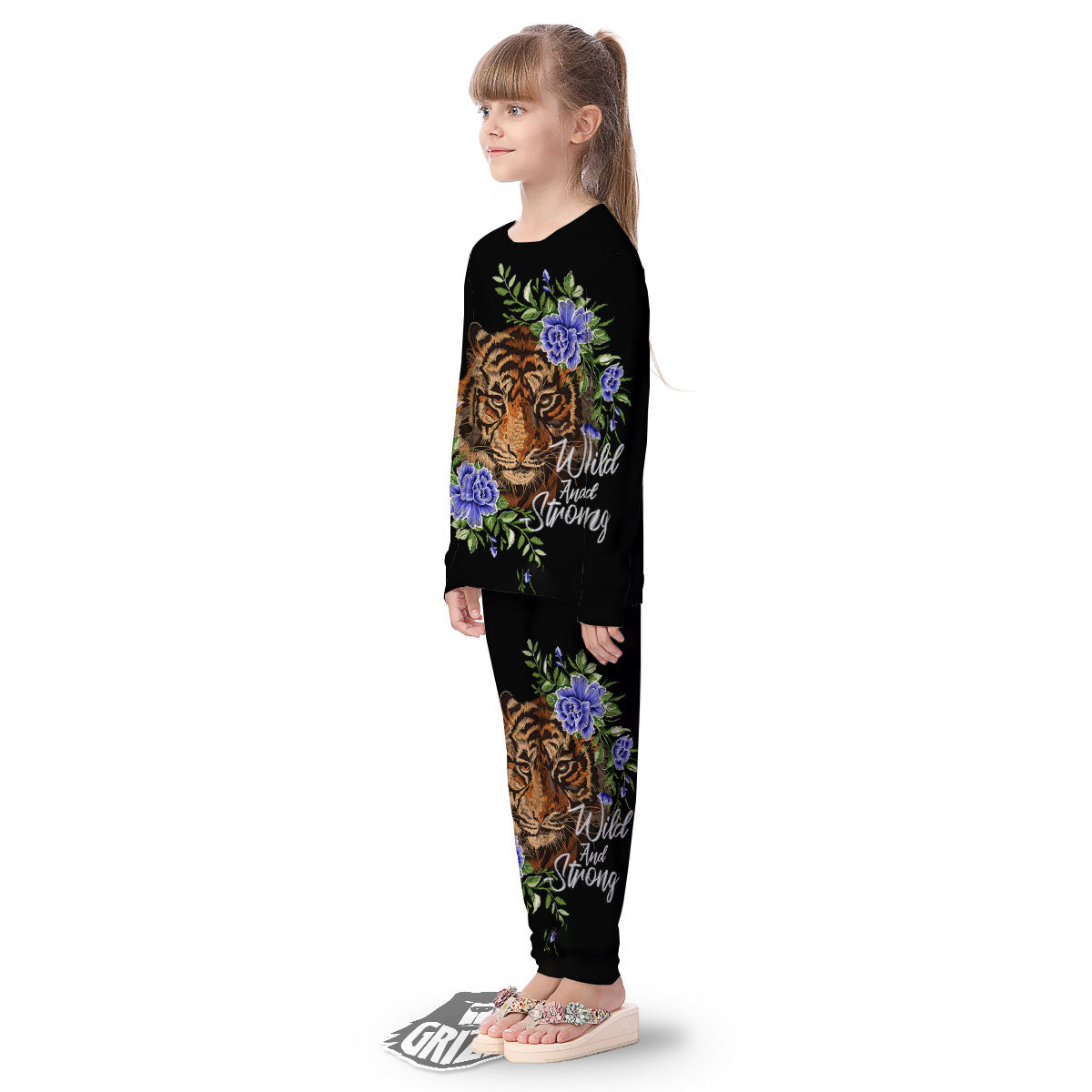 Flower And Tiger Embroidery Print Kid's Pajamas-grizzshop