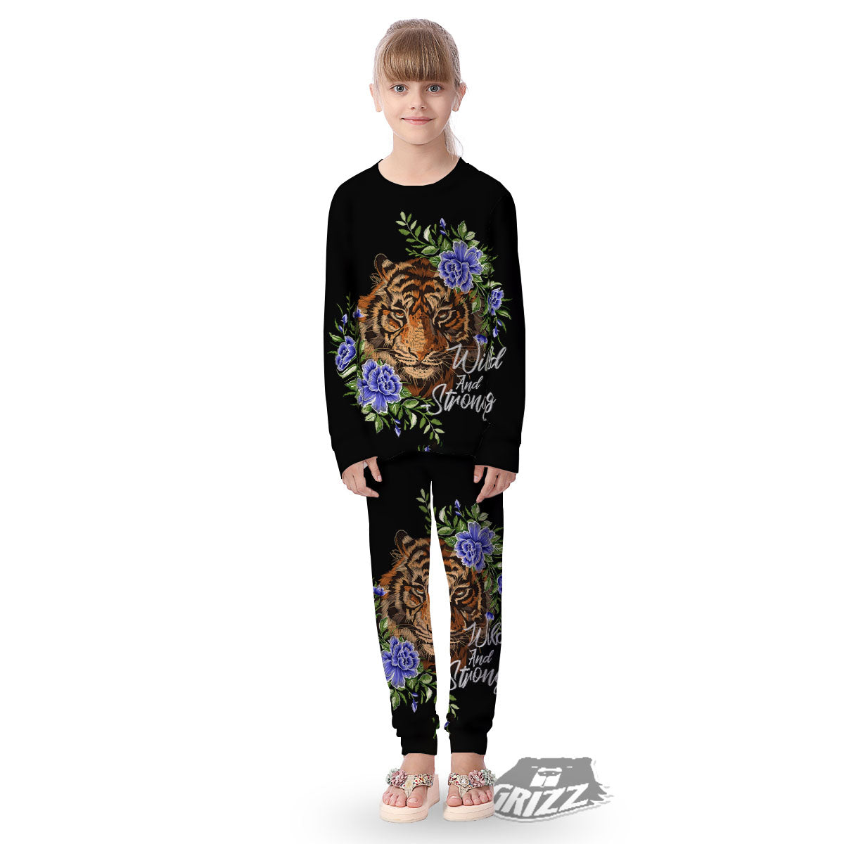 Flower And Tiger Embroidery Print Kid's Pajamas-grizzshop