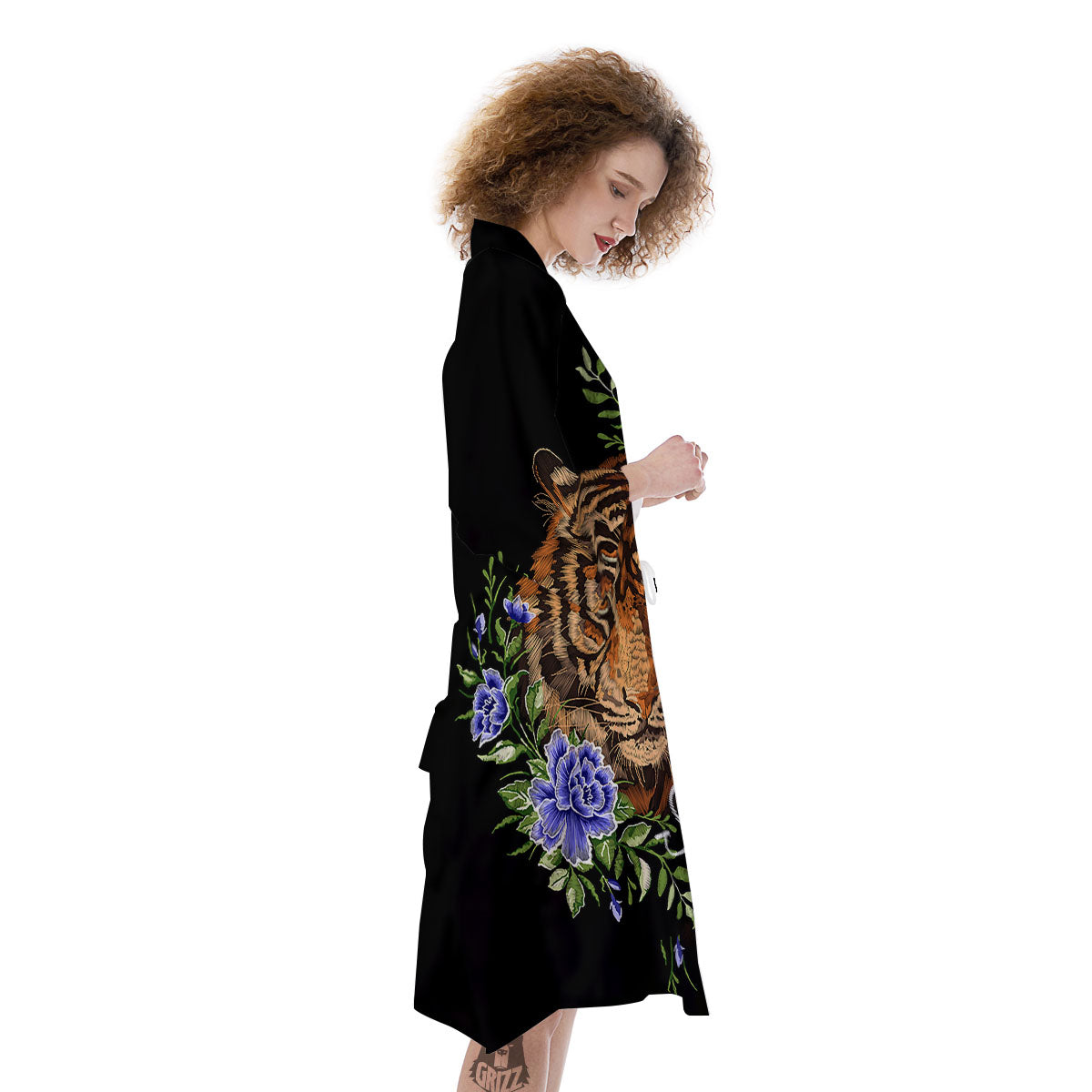 Flower And Tiger Embroidery Print Kimono-grizzshop