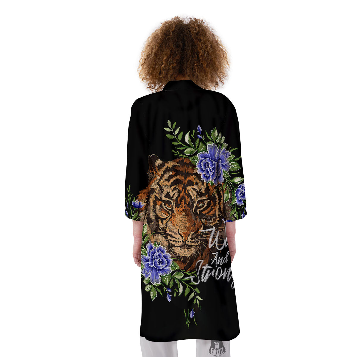 Flower And Tiger Embroidery Print Kimono-grizzshop
