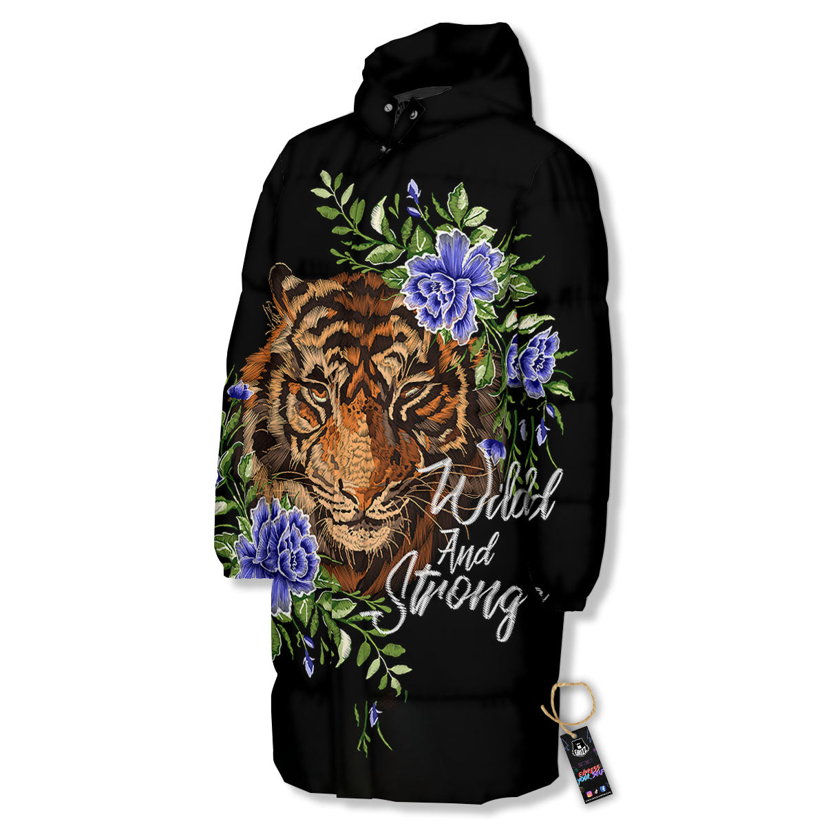 Flower And Tiger Embroidery Print Long Down Jacket-grizzshop