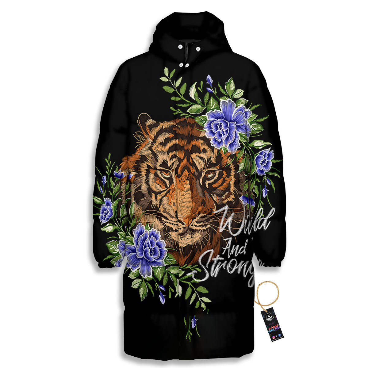 Flower And Tiger Embroidery Print Long Down Jacket-grizzshop