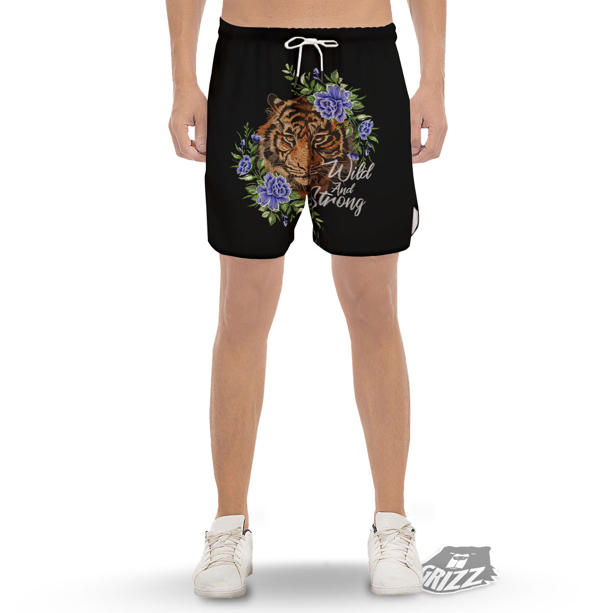 Flower And Tiger Embroidery Print Men's Gym Shorts-grizzshop