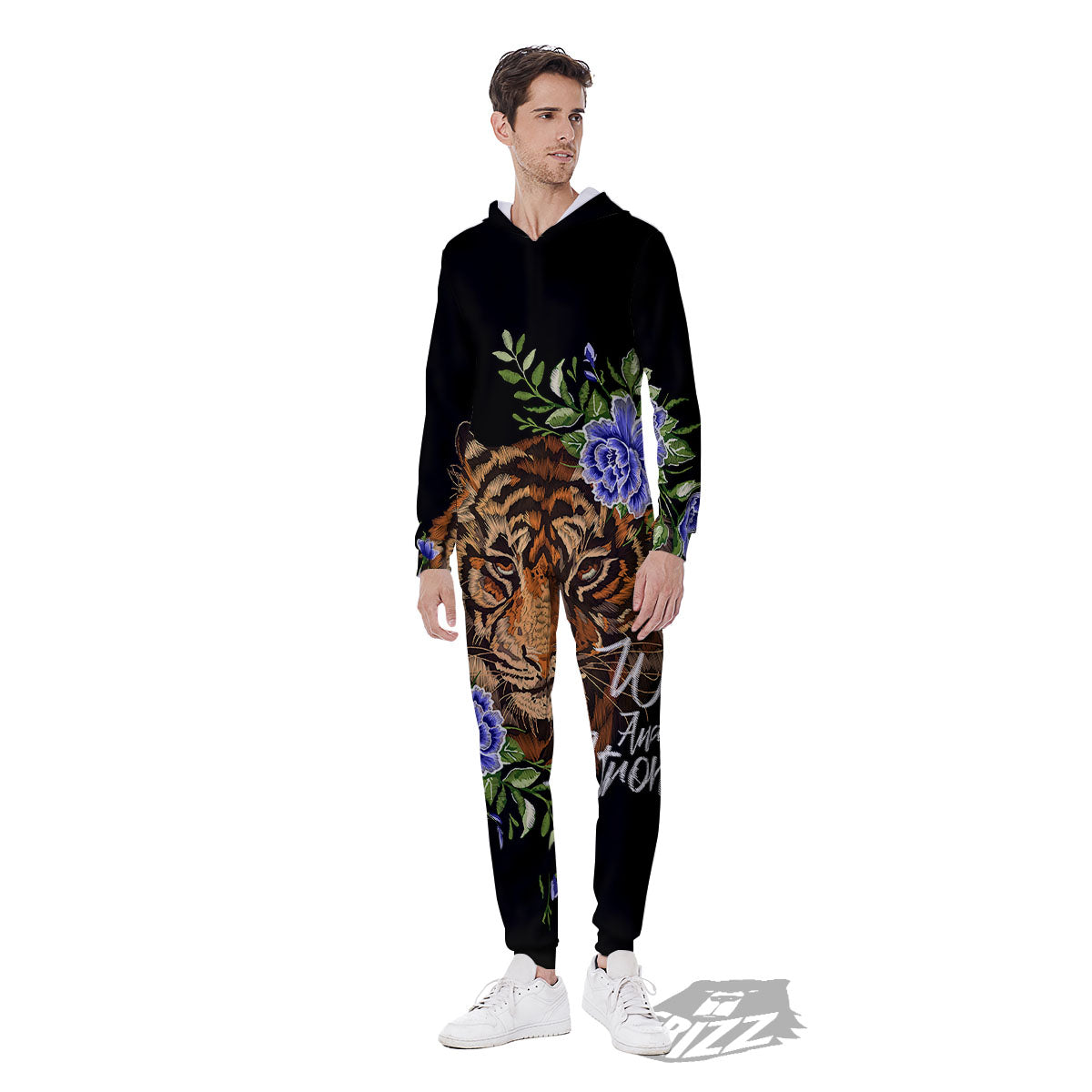 Flower And Tiger Embroidery Print Men's Jumpsuit-grizzshop