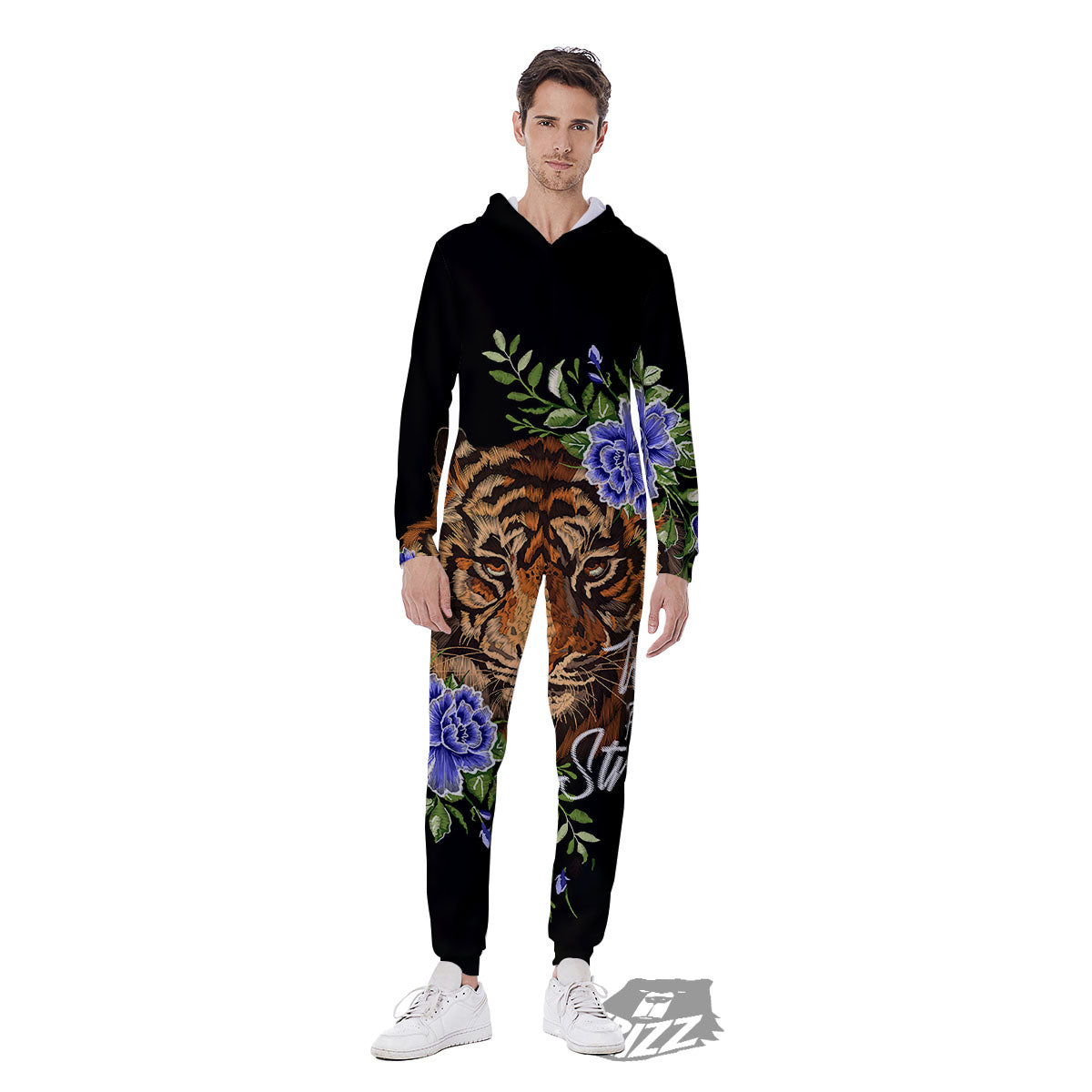 Flower And Tiger Embroidery Print Men's Jumpsuit-grizzshop