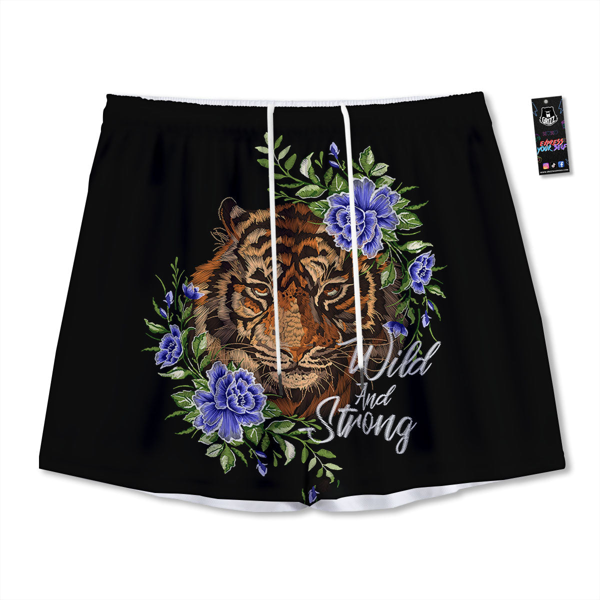 Flower And Tiger Embroidery Print Mesh Shorts
