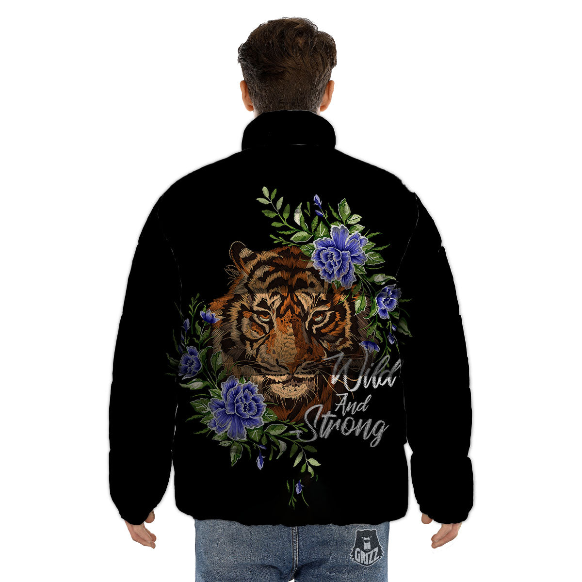 Flower And Tiger Embroidery Print Puffer Jacket-grizzshop