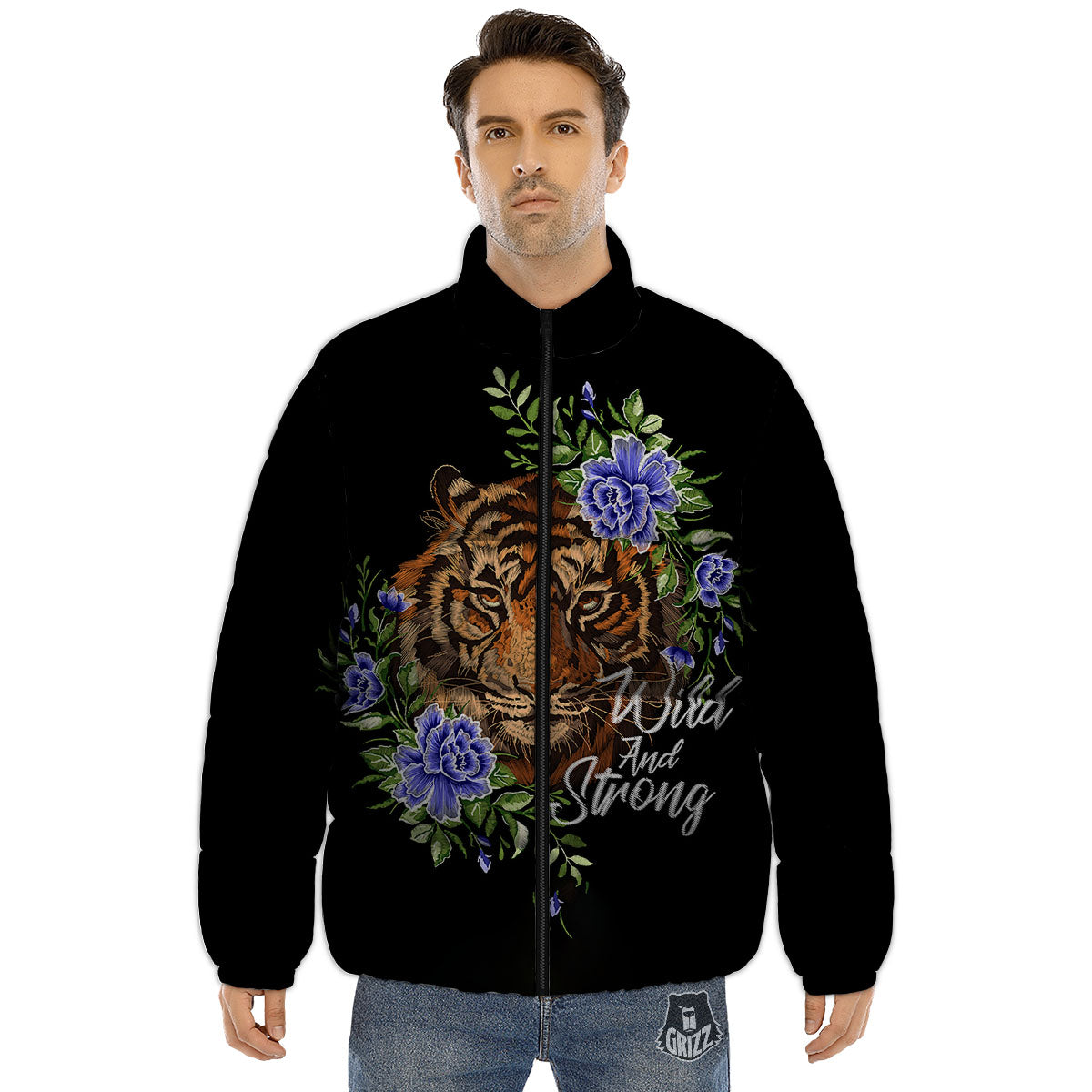 Flower And Tiger Embroidery Print Puffer Jacket-grizzshop