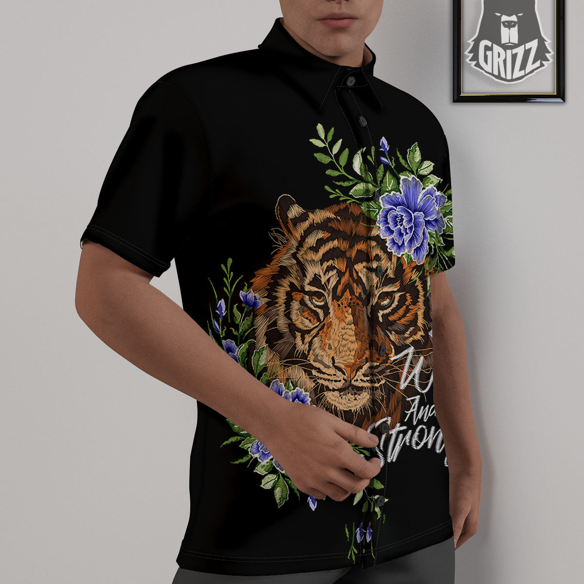 Flower And Tiger Embroidery Print Untucked Shirts-grizzshop