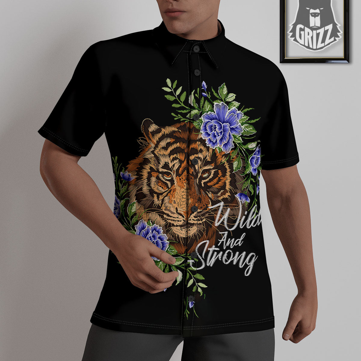 Flower And Tiger Embroidery Print Untucked Shirts-grizzshop