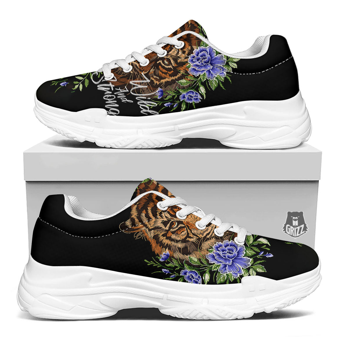 Flower And Tiger Embroidery Print White Chunky Shoes-grizzshop