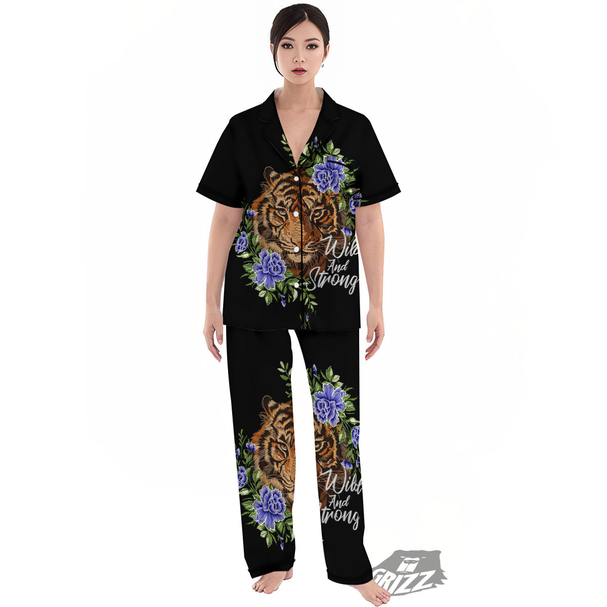 Flower And Tiger Embroidery Print Women's Pajamas Set-grizzshop