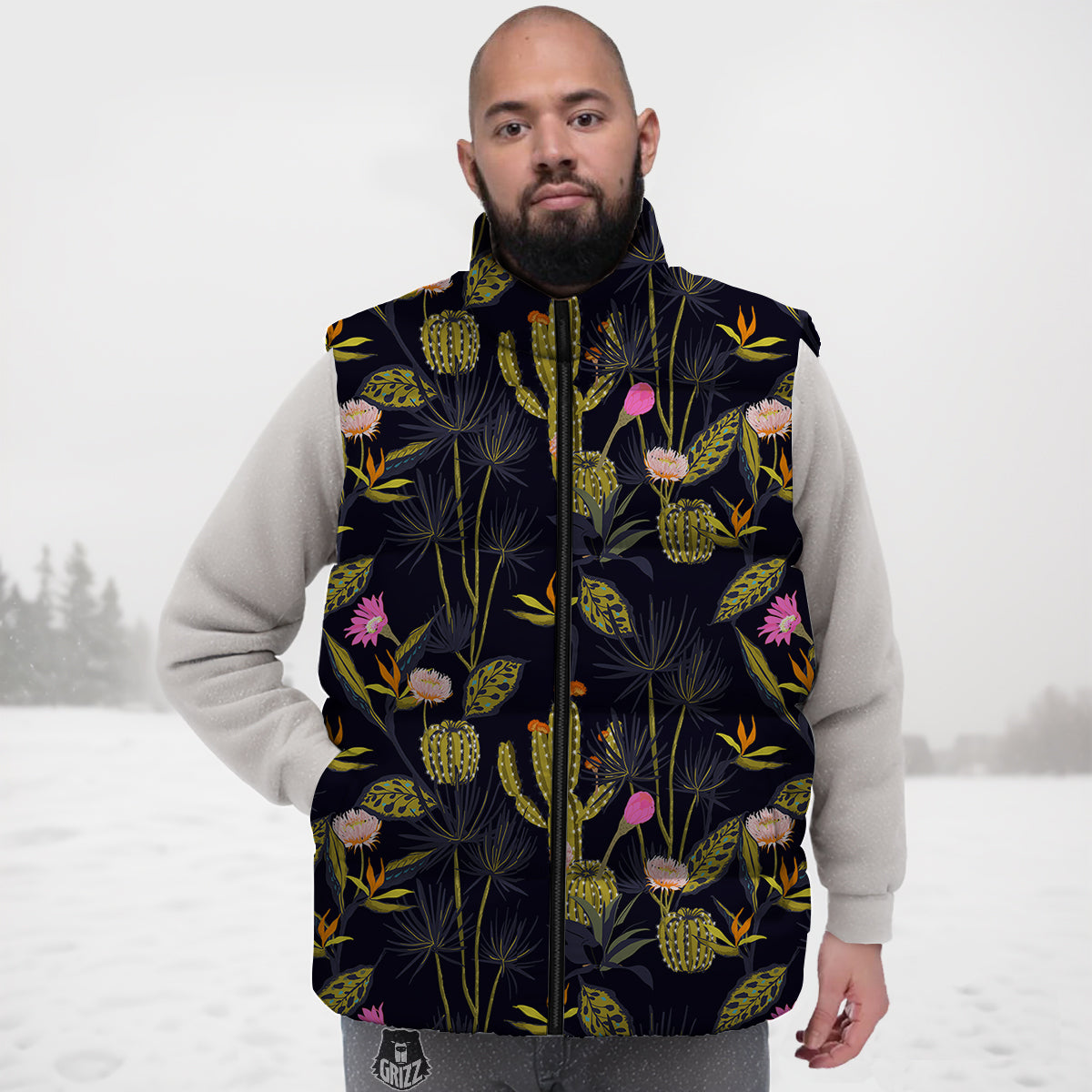 Flower And Vintage Cactus Print Pattern Down Vest