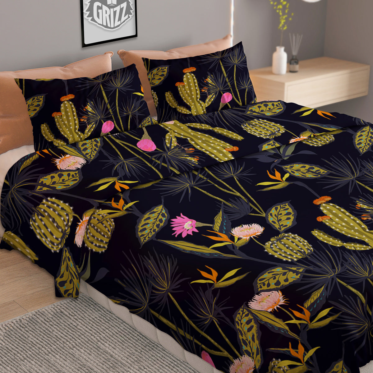 Flower And Vintage Cactus Print Pattern Duvet Cover Bedding Set