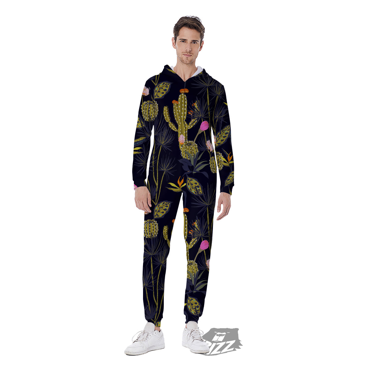 Flower And Vintage Cactus Print Pattern Men's Jumpsuit-grizzshop