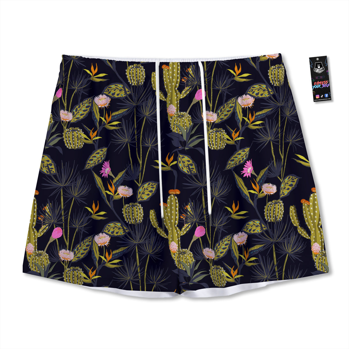 Flower And Vintage Cactus Print Pattern Mesh Shorts