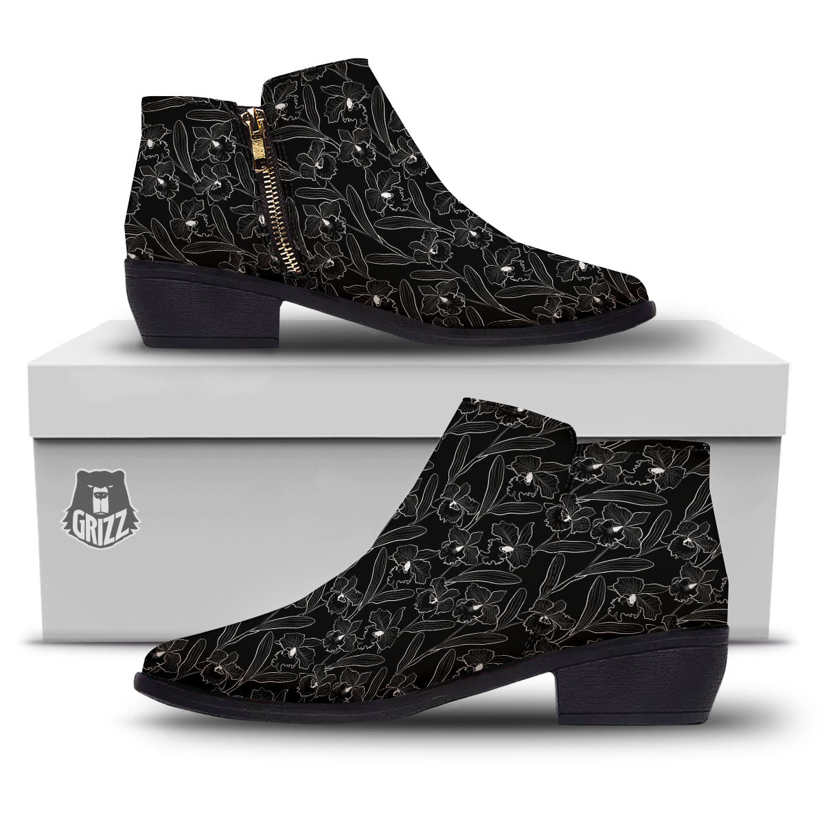 Flower Black Cattleya Print Pattern Ankle Boots-grizzshop