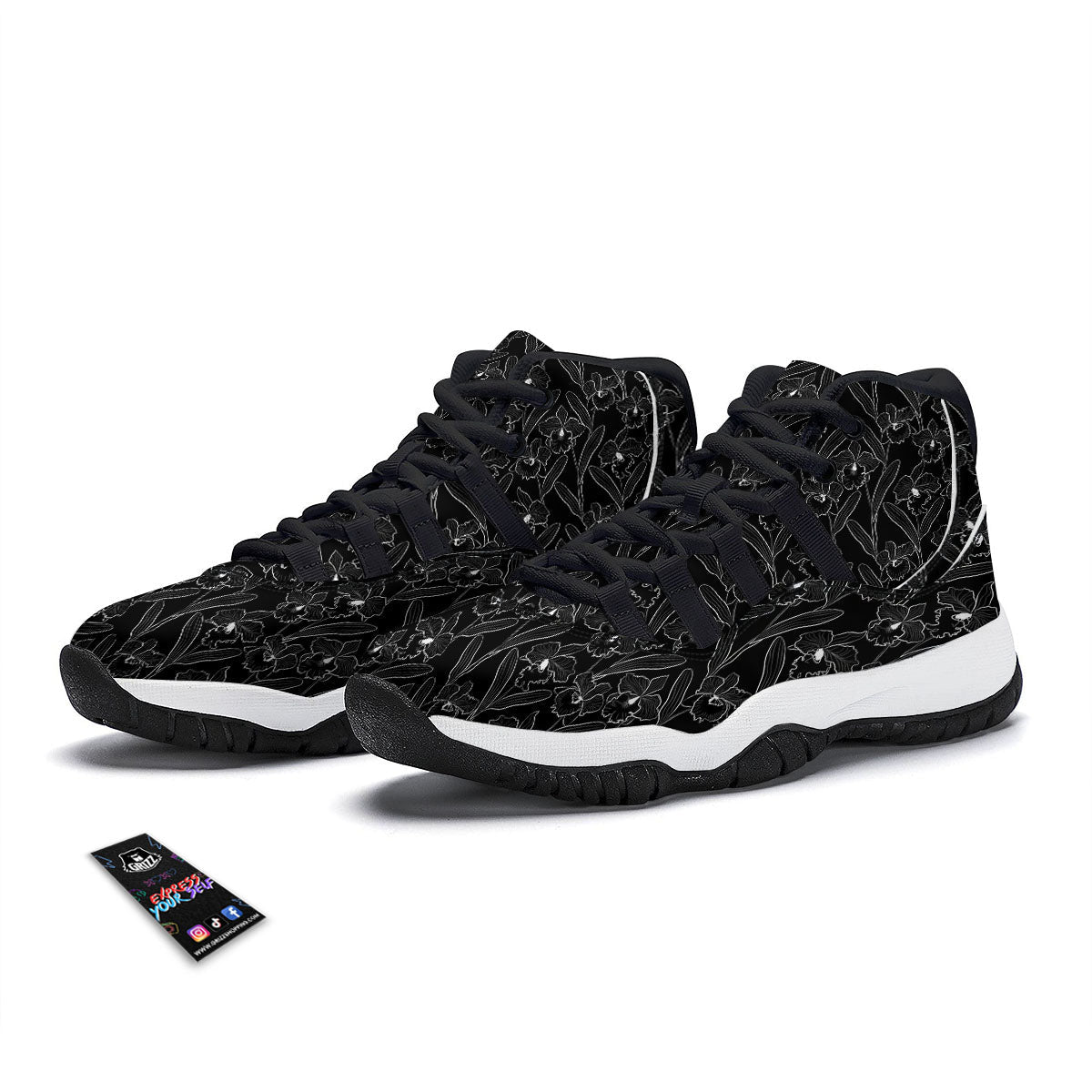 Flower Black Cattleya Print Pattern Black Bball Shoes-grizzshop