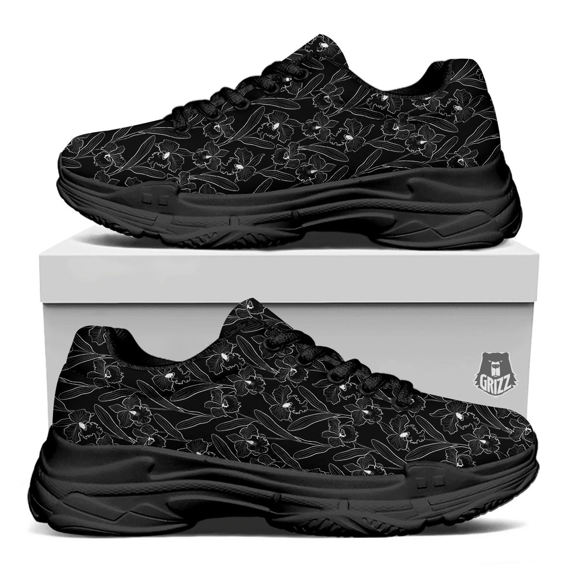 Flower Black Cattleya Print Pattern Black Chunky Shoes-grizzshop