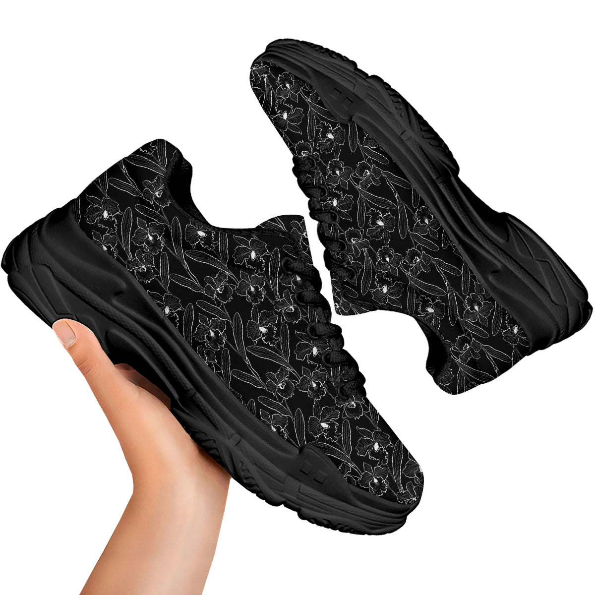 Flower Black Cattleya Print Pattern Black Chunky Shoes-grizzshop
