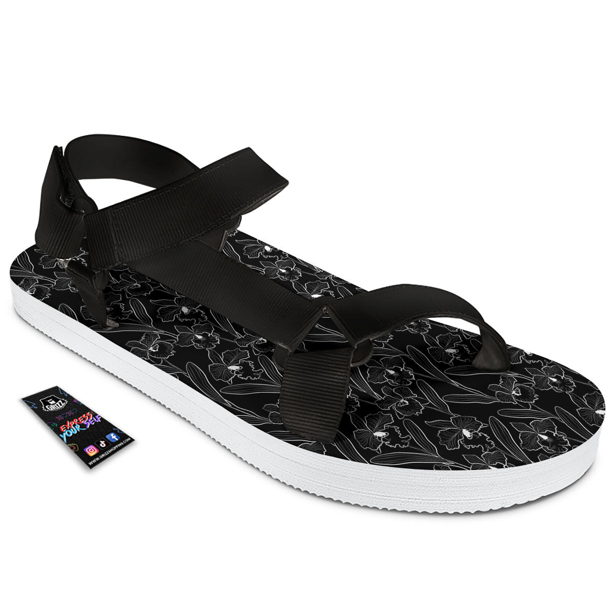 Flower Black Cattleya Print Pattern Black Open Toe Sandals-grizzshop