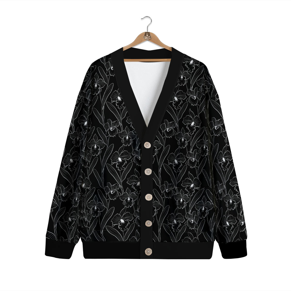 Flower Black Cattleya Print Pattern Cardigan-grizzshop
