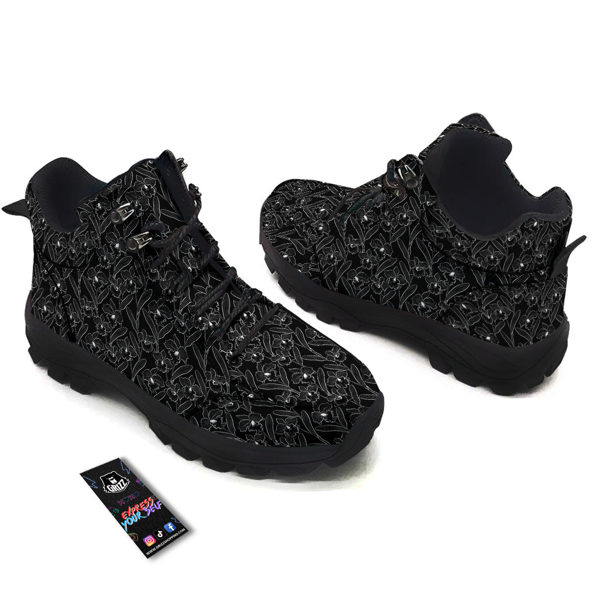 Flower Black Cattleya Print Pattern Hiking Shoes-grizzshop